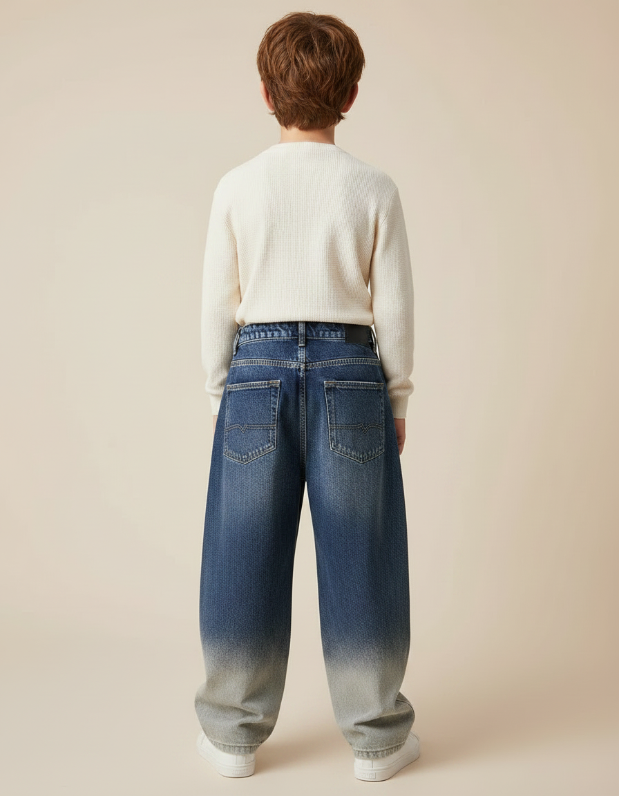Pantalon Japonais Denim Dégradé Ample Droit Décontracté - Bleu Jean - vue 2