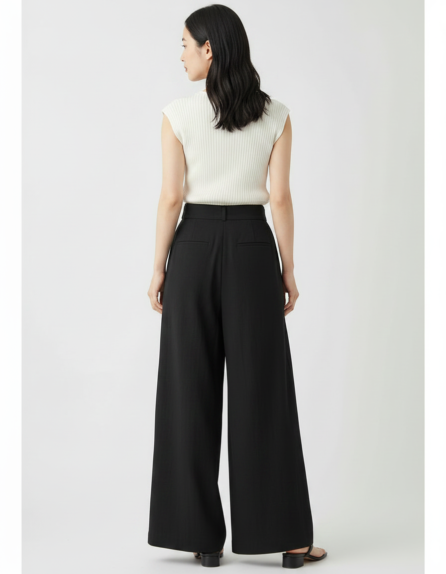 Pantalon Japonais Noir Fluide Ample Taille Haute - Viscose - vue 2