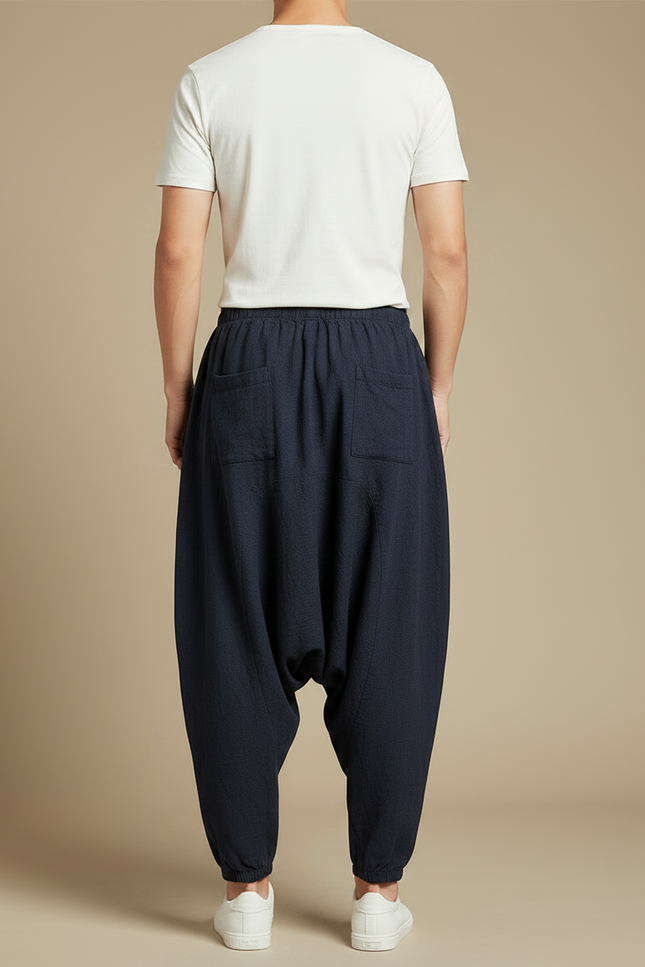 Pantalon Japonais Lin Ample Sarouel Décontracté Homme - Marine - vue 2