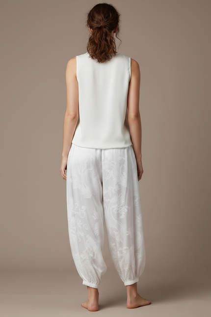 Pantalon Japonais Blanc Soie Dragon Harem Fluide - vue 2