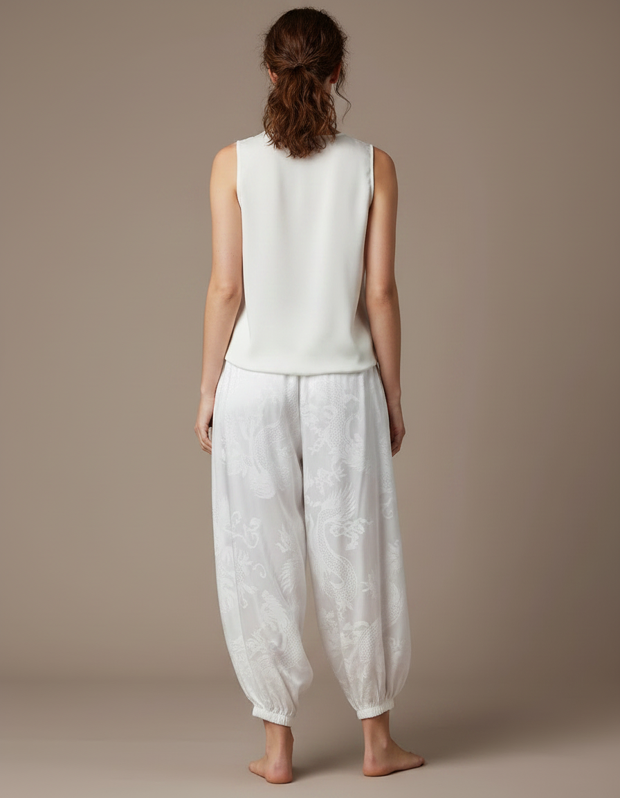 Pantalon Japonais Blanc Soie Dragon Harem Fluide - vue 2