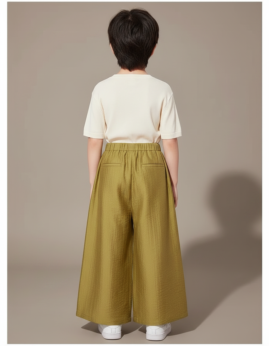 Pantalon Japonais Vert Ample Plissé Enfant - Kaki Lin - vue 2