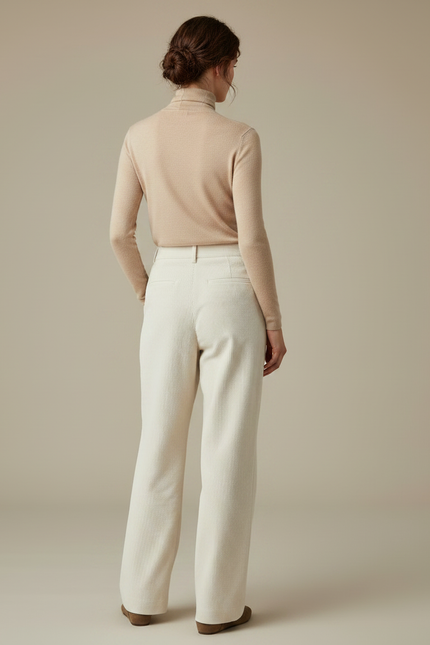 Pantalon Japonais Velours Côtelé Crème Ample Droit - Beige Cordé - vue 2