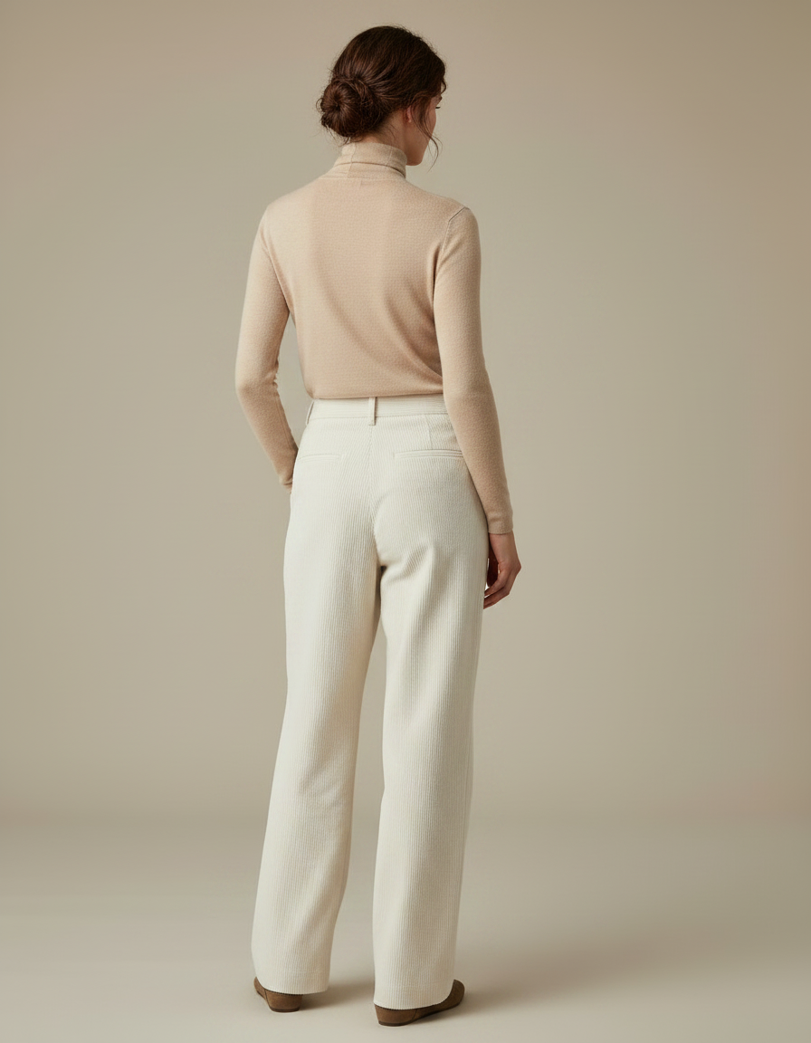 Pantalon Japonais Velours Côtelé Crème Ample Droit - Beige Cordé - vue 2