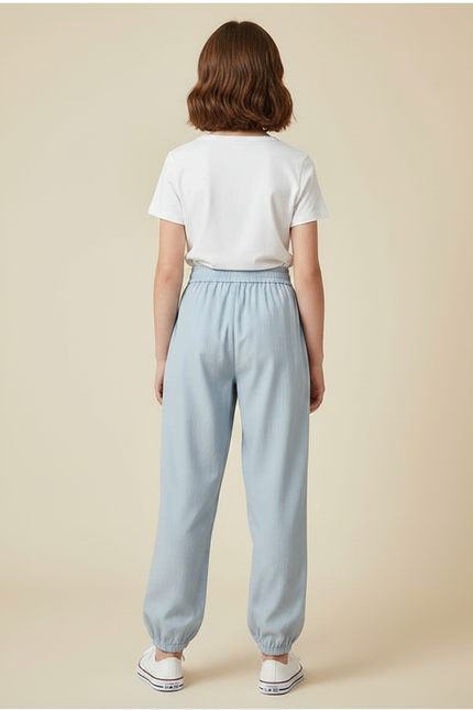 Pantalon Japonais Bleu Clair Ample Élastiqué Décontracté - Coton - vue 2