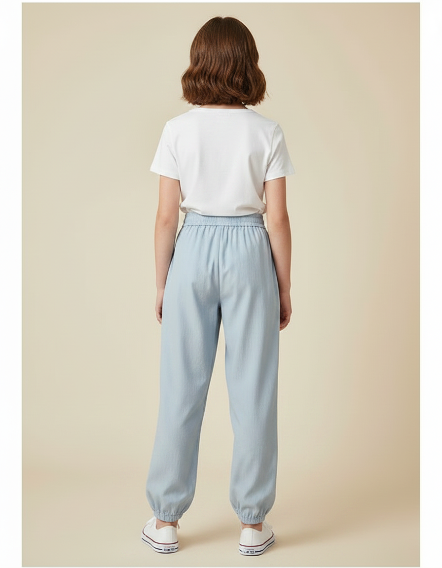 Pantalon Japonais Bleu Clair Ample Élastiqué Décontracté - Coton - vue 2