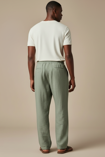 Pantalon Japonais Lin Coton Ample Vert Homme - vue 2