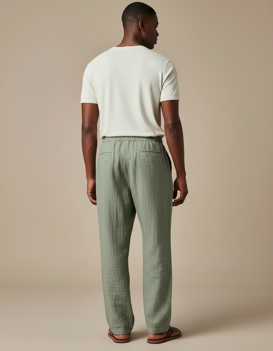 Pantalon Japonais Lin Coton Ample Vert Homme - vue 2