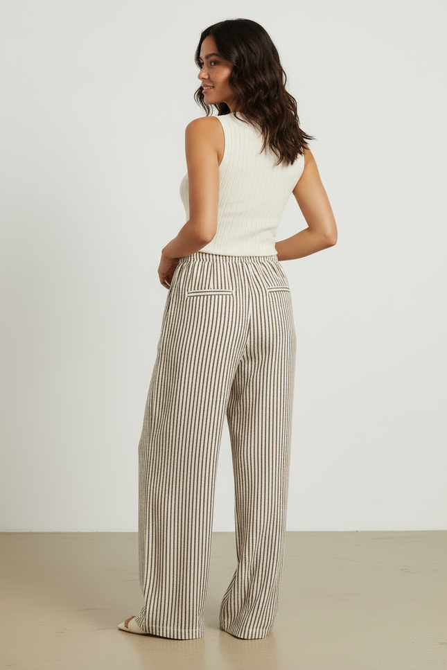 Pantalon Japonais Rayé Ample Fluide Cordon Beige - Lin - vue 2