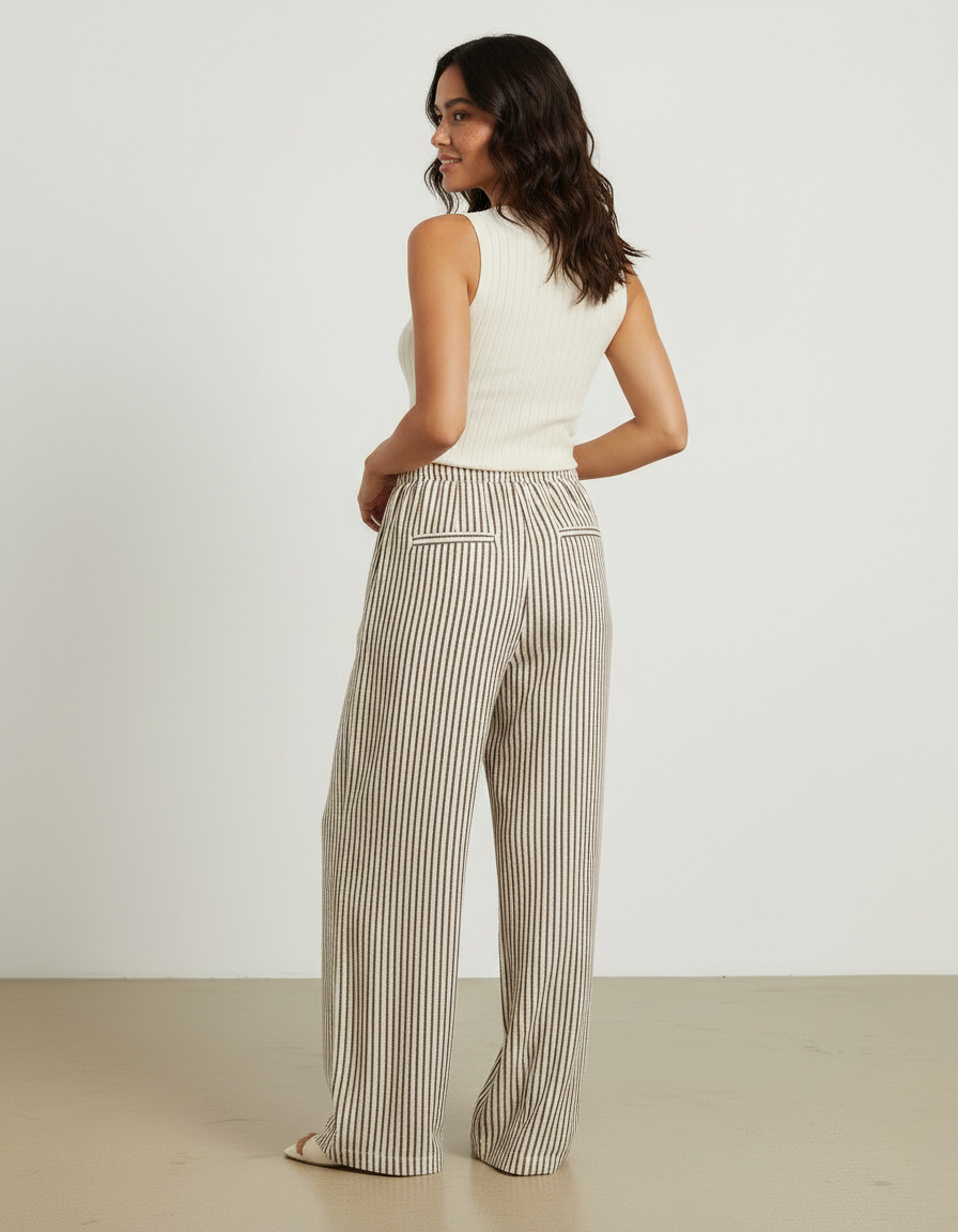 Pantalon Japonais Rayé Ample Fluide Cordon Beige - Lin - vue 2