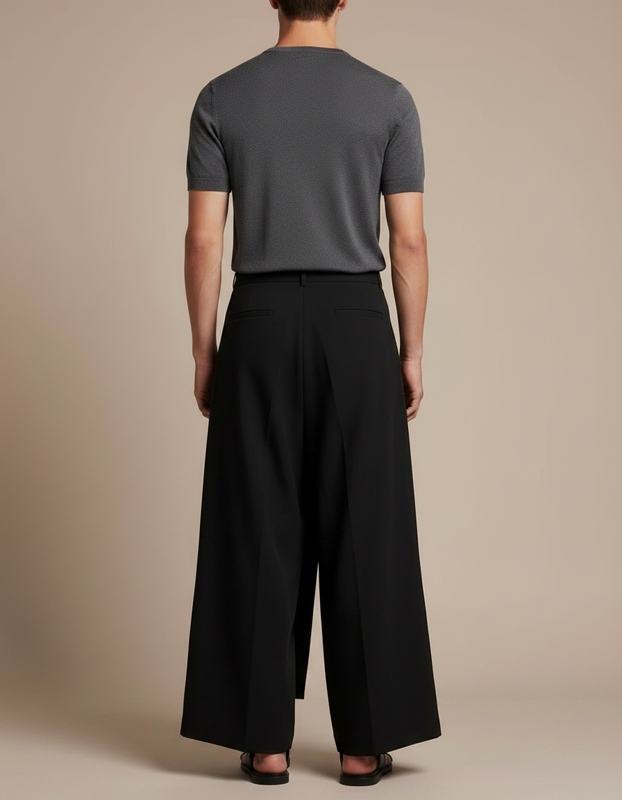 Pantalon Japonais Noir Ample Superposé Asymétrique Moderne - Polyester - vue 2