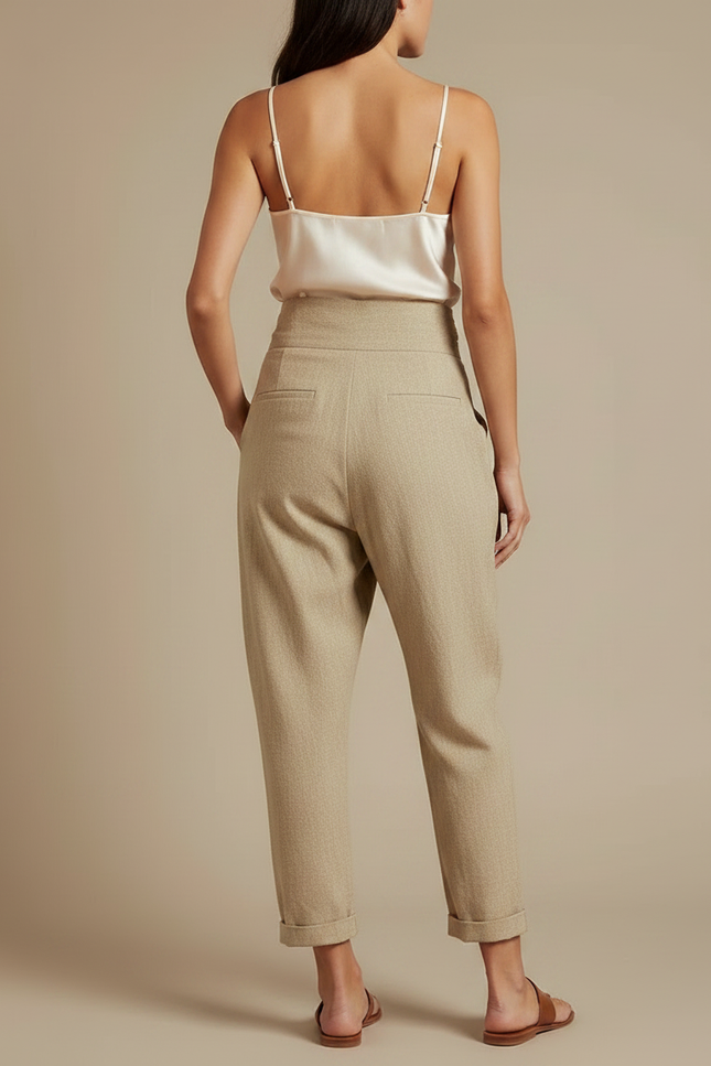 Pantalon Japonais Beige Lin Fluide Évasé Élégant - vue 2