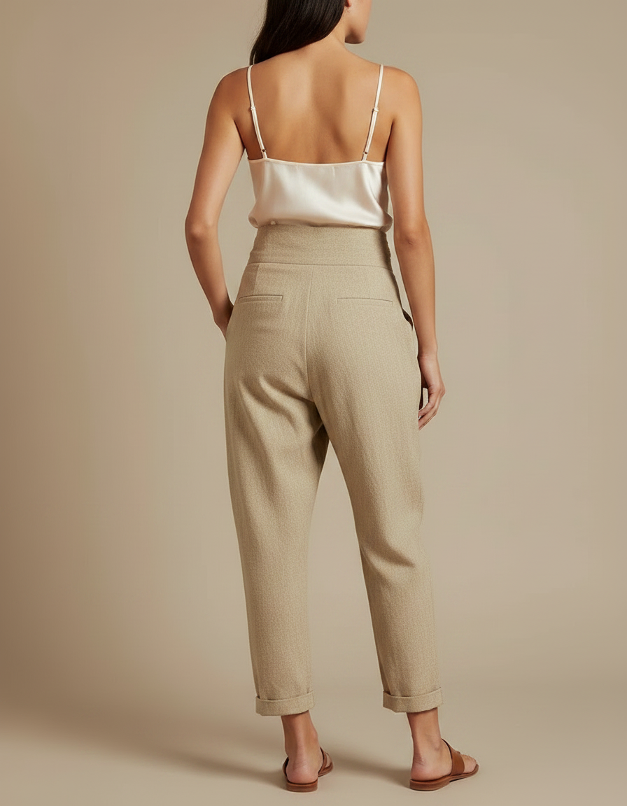 Pantalon Japonais Beige Lin Fluide Évasé Élégant - vue 2