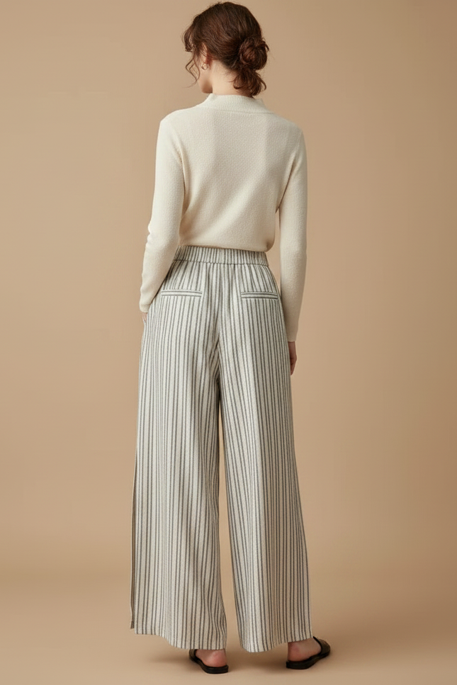 Pantalon Japonais Rayé Ample Fluide Lin Fendu - Beige - vue 2