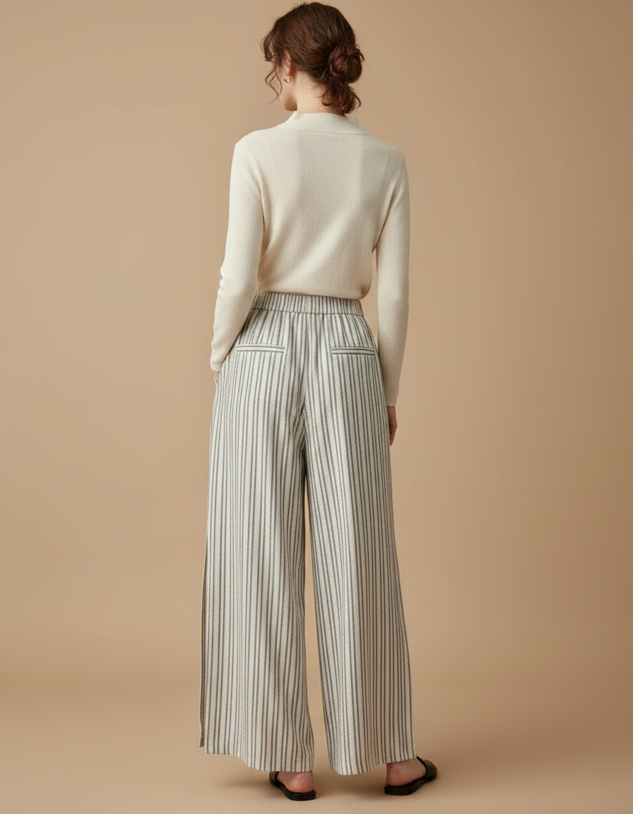 Pantalon Japonais Rayé Ample Fluide Lin Fendu - Beige - vue 2