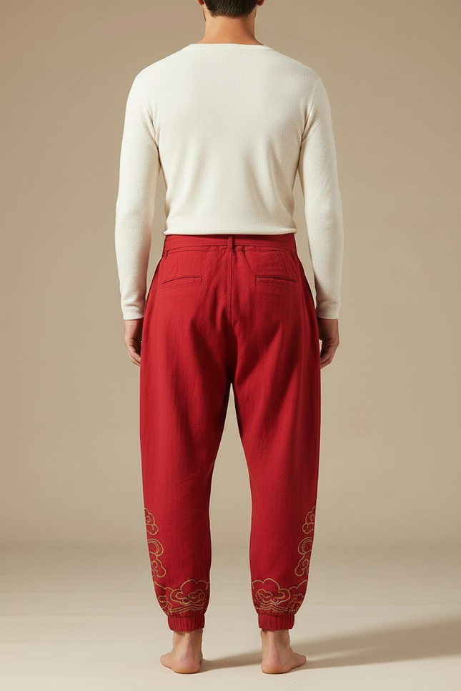 Pantalon Japonais Rouge Ample Coton Brodé Nuages - vue 2