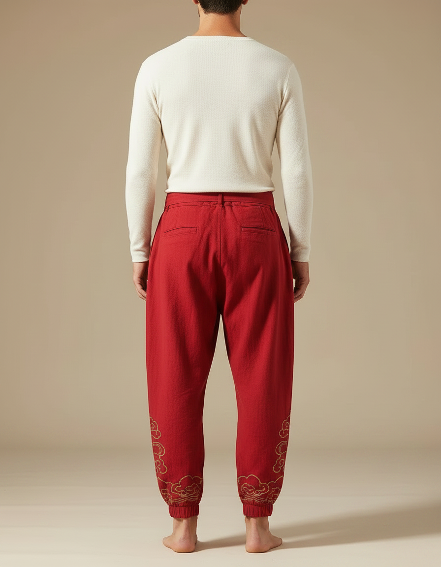 Pantalon Japonais Rouge Ample Coton Brodé Nuages - vue 2