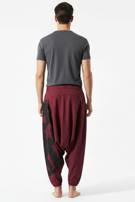Pantalon Japonais Sarouel Ample Rouge Imprimé Ethnique - Bordeaux Coton - vue 2