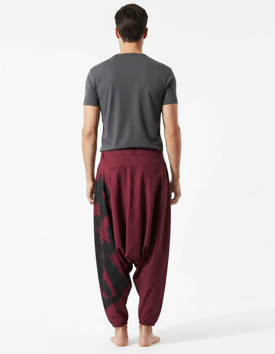 Pantalon Japonais Sarouel Ample Rouge Imprimé Ethnique - Bordeaux Coton - vue 2