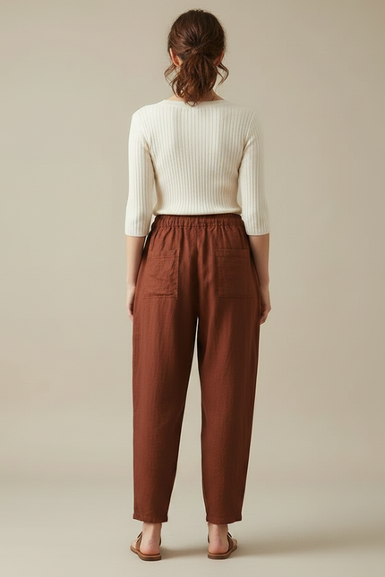 Pantalon Japonais Marron Lin Ample Cordon Décontracté - vue 2