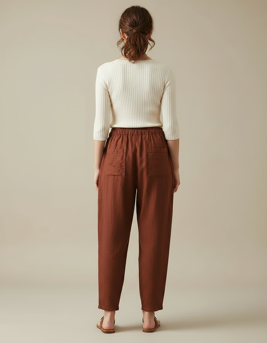 Pantalon Japonais Marron Lin Ample Cordon Décontracté - vue 2