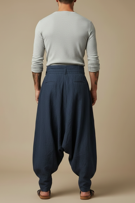 Pantalon Japonais Large Lin Coton Bleu Marine Décontracté Homme - vue 2