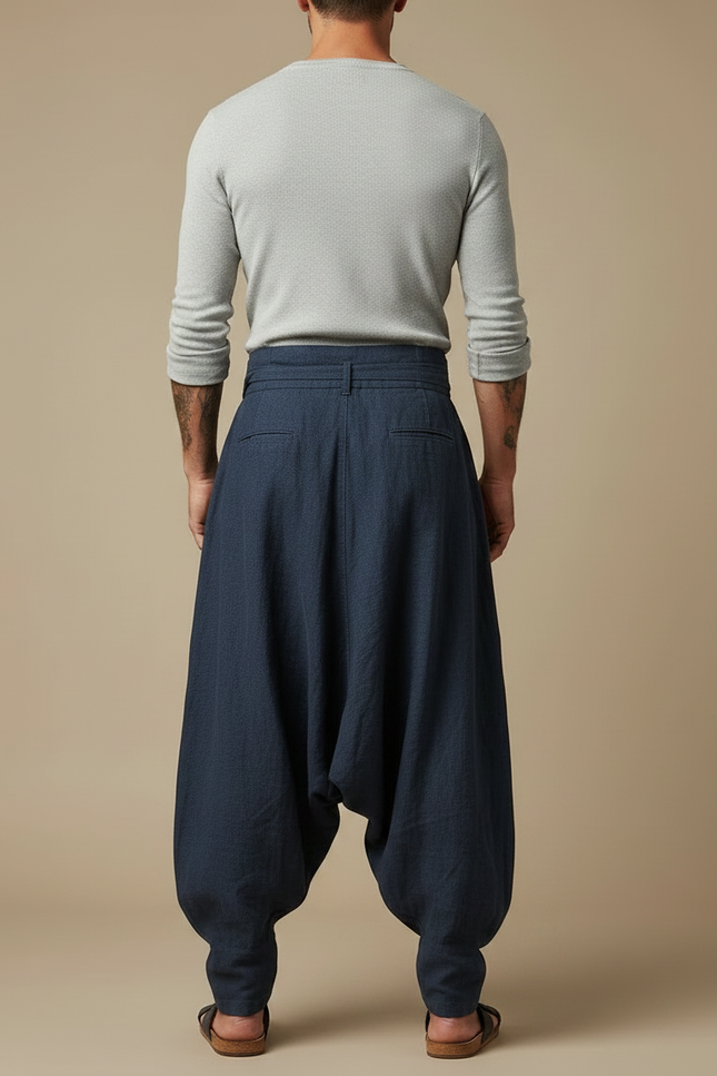 Pantalon Japonais Large Lin Coton Bleu Marine Décontracté Homme - vue 2