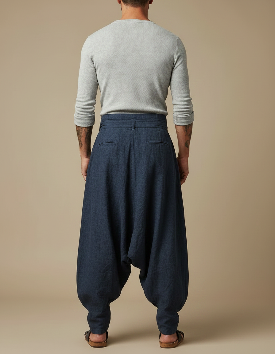 Pantalon Japonais Large Lin Coton Bleu Marine Décontracté Homme - vue 2