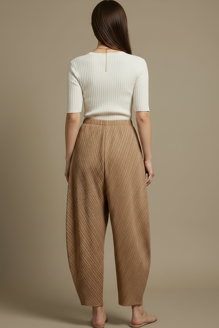 Pantalon Japonais Plissé Ample Marron Texturé Élégant - Polyester - vue 2