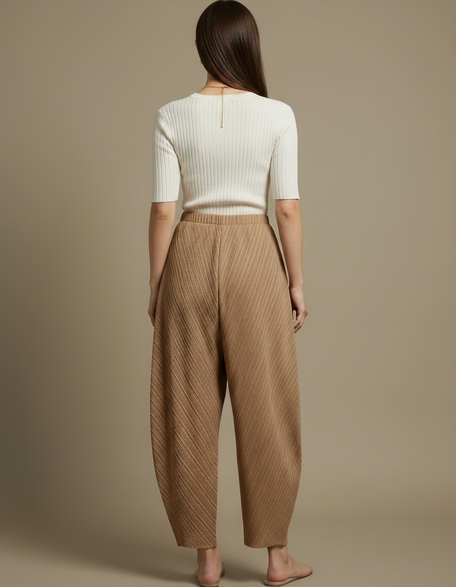 Pantalon Japonais Plissé Ample Marron Texturé Élégant - Polyester - vue 2