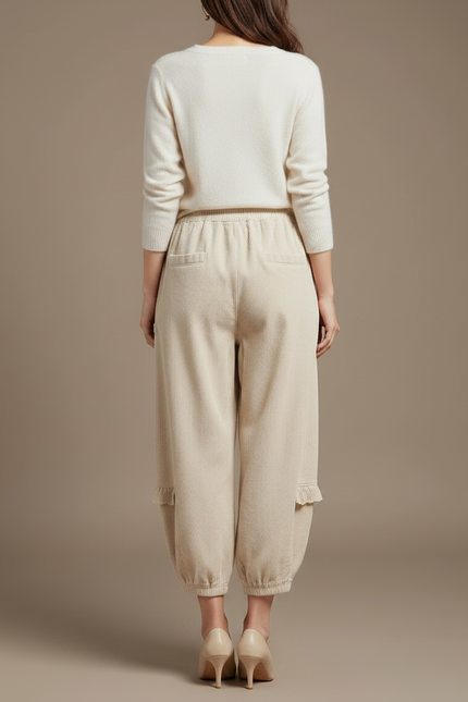 Pantalon Japonais Beige Côtelé Ample Brodé Harem - Cordé - vue 2