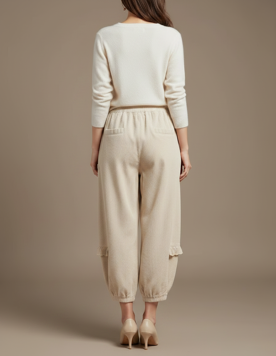 Pantalon Japonais Beige Côtelé Ample Brodé Harem - Cordé - vue 2
