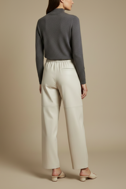 Pantalon Japonais Crème Cuir Ample Taille Élastique Femme - Beige - vue 2