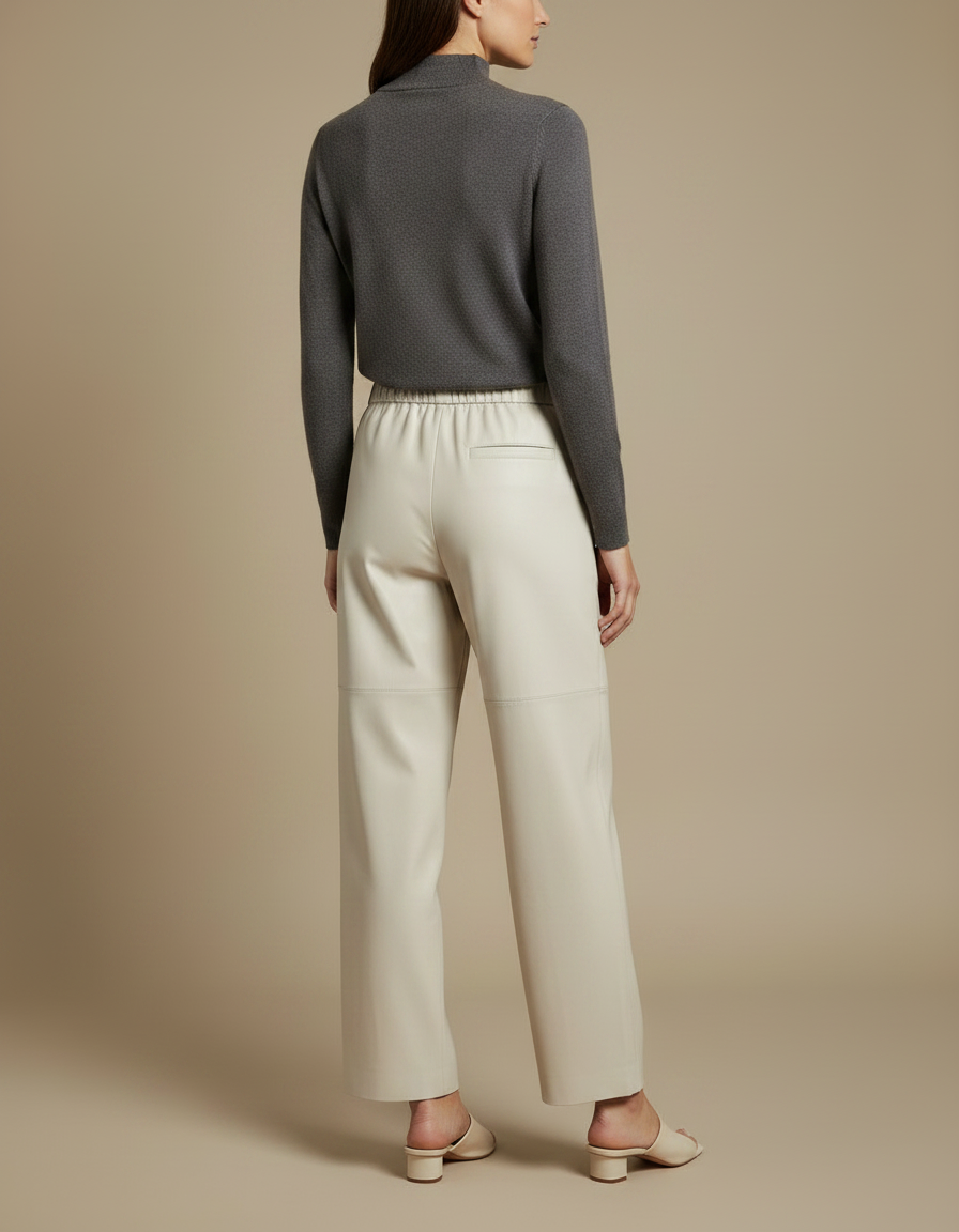 Pantalon Japonais Crème Cuir Ample Taille Élastique Femme - Beige - vue 2