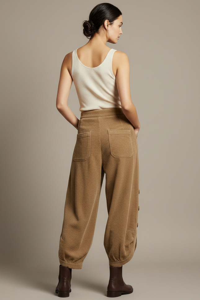 Pantalon Japonais Corduroy Marron Ample Boutons - Cordé - vue 2