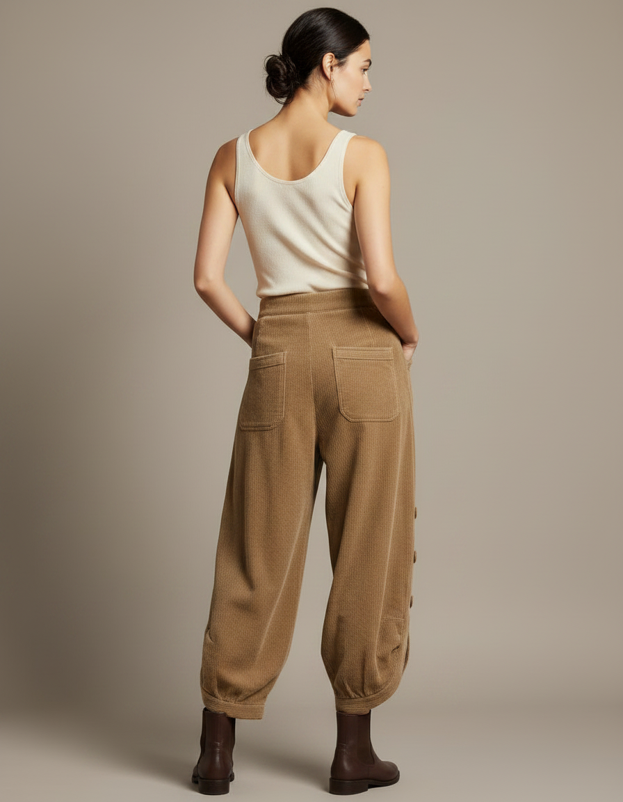 Pantalon Japonais Corduroy Marron Ample Boutons - Cordé - vue 2