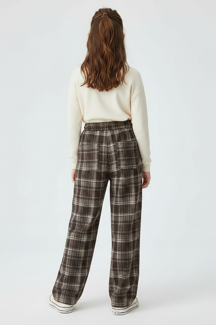 Pantalon Japonais Carreaux Marron Ample Cordon Décontracté - Tweed - vue 2