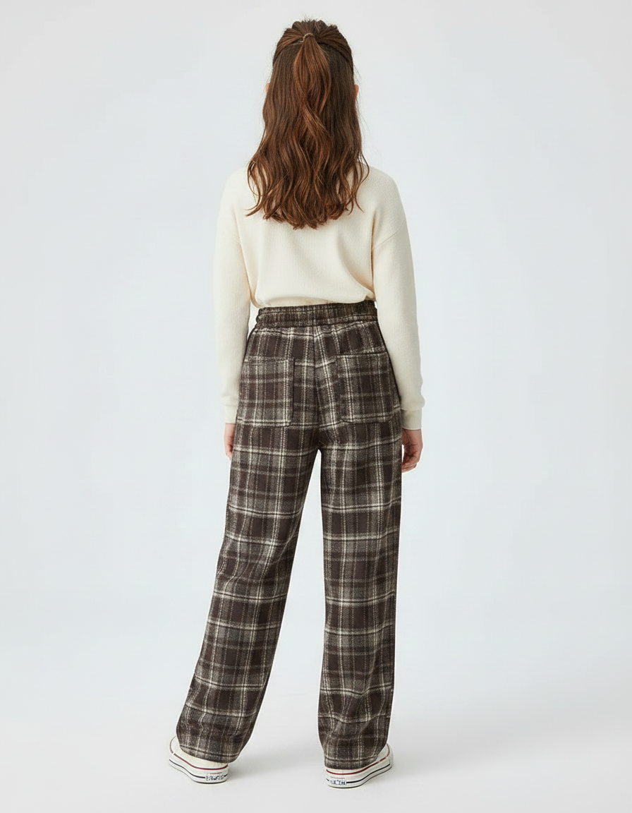 Pantalon Japonais Carreaux Marron Ample Cordon Décontracté - Tweed - vue 2