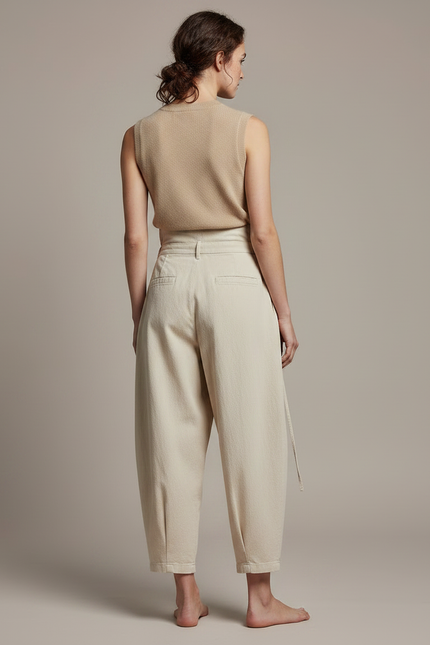 Pantalon Japonais Écru Ample Coton Femme Décontracté Plissé - Beige - vue 2