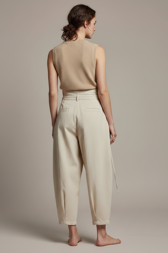 Pantalon Japonais Écru Ample Coton Femme Décontracté Plissé - Beige - vue 2