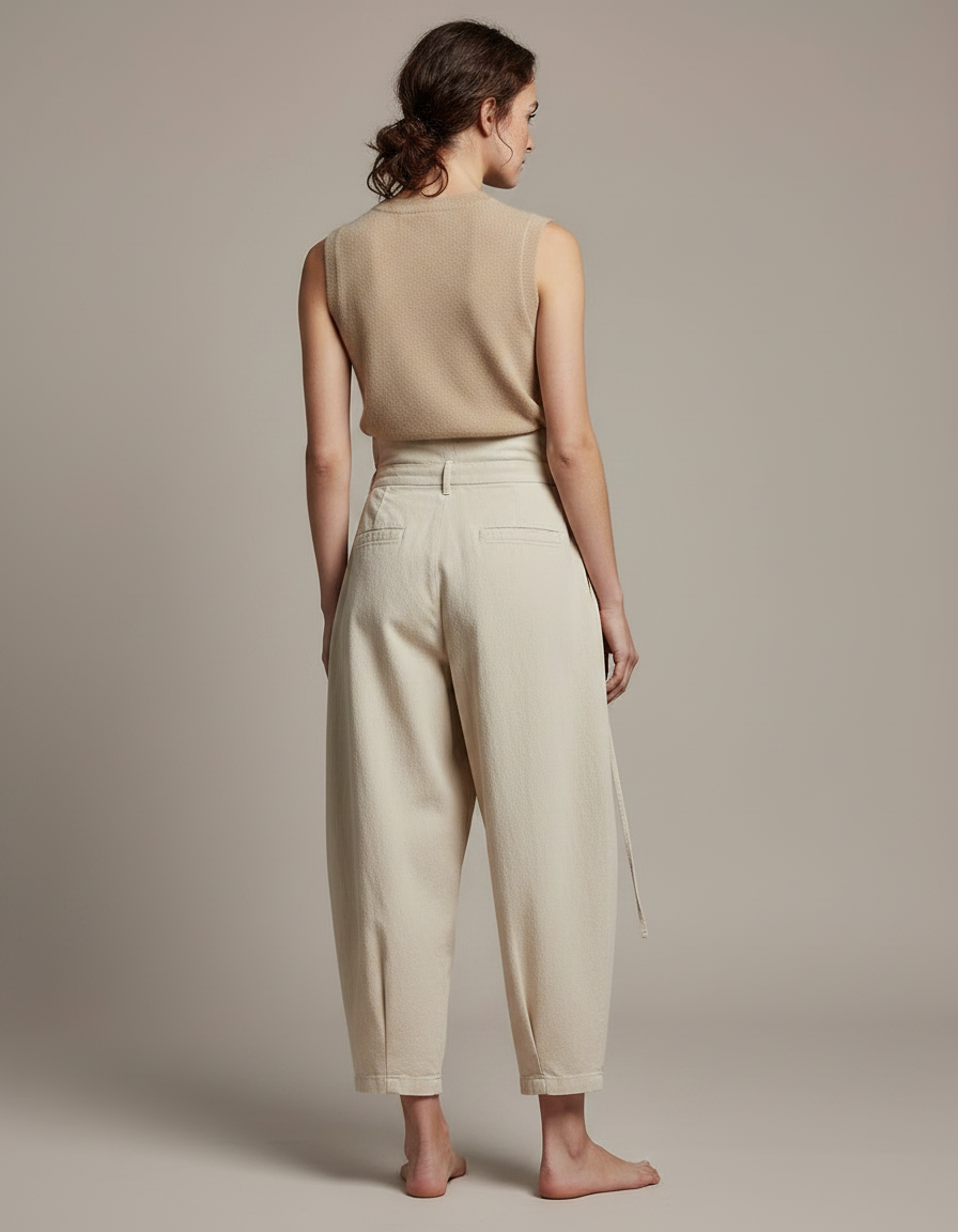 Pantalon Japonais Écru Ample Coton Femme Décontracté Plissé - Beige - vue 2