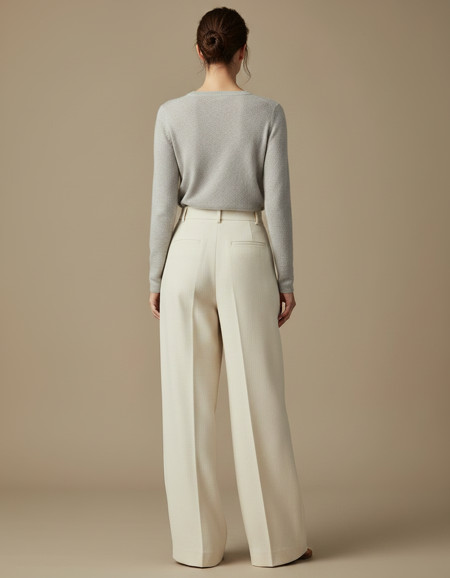 Pantalon Japonais Crème Laine Ample Plissé Élégant Femme - Beige - vue 2