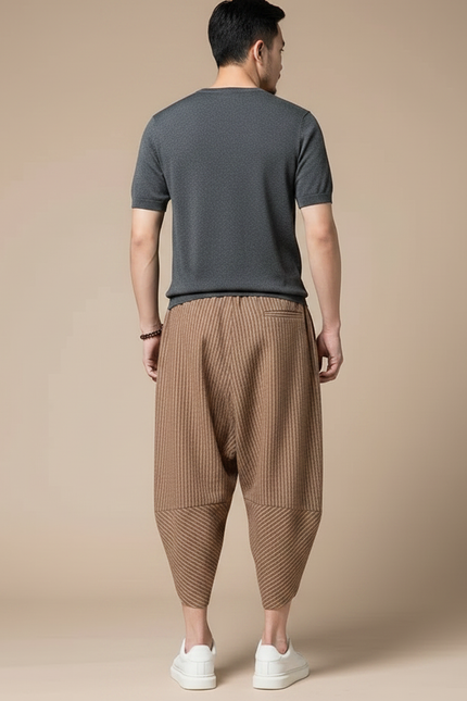 Pantalon Japonais Rayé Marron Ample Coton Harem - vue 2
