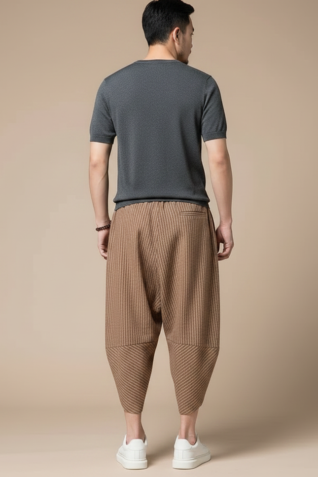 Pantalon Japonais Rayé Marron Ample Coton Harem - vue 2