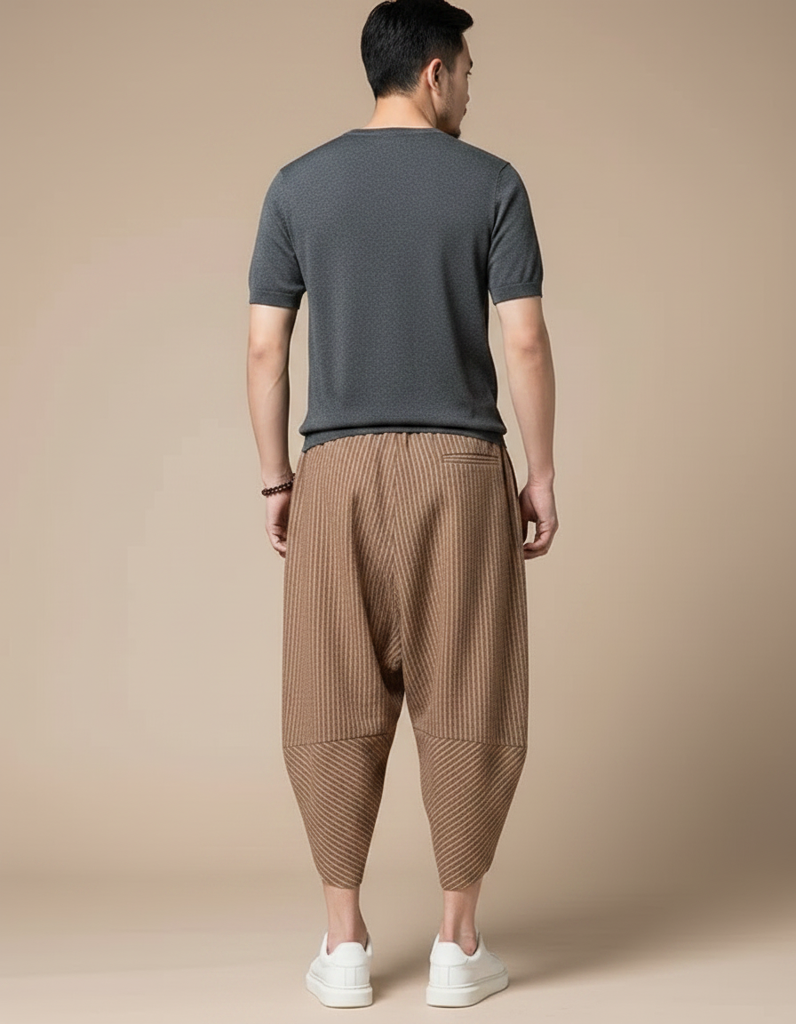 Pantalon Japonais Rayé Marron Ample Coton Harem - vue 2