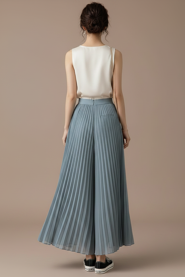Pantalon Japonais Bleu Plissé Fluide Élégant Ample - Polyester - vue 2