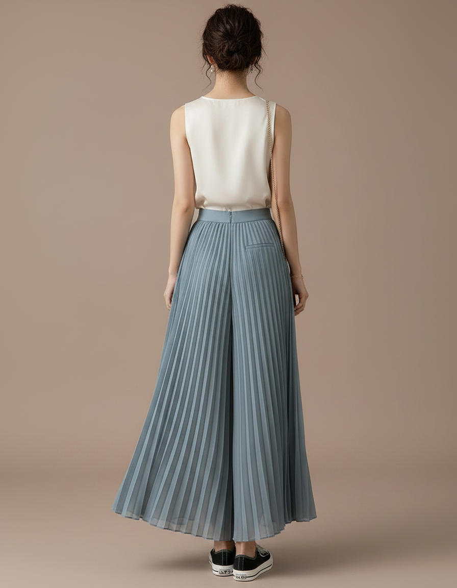 Pantalon Japonais Bleu Plissé Fluide Élégant Ample - Polyester - vue 2