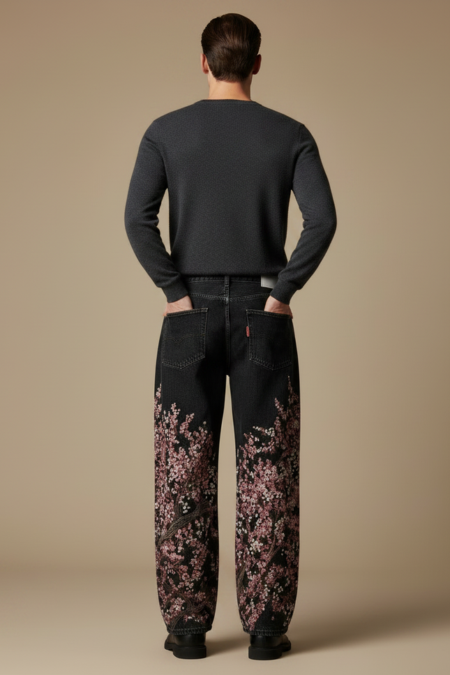 Pantalon Japonais Noir Brodé Ample Décontracté Homme - Jean - vue 2