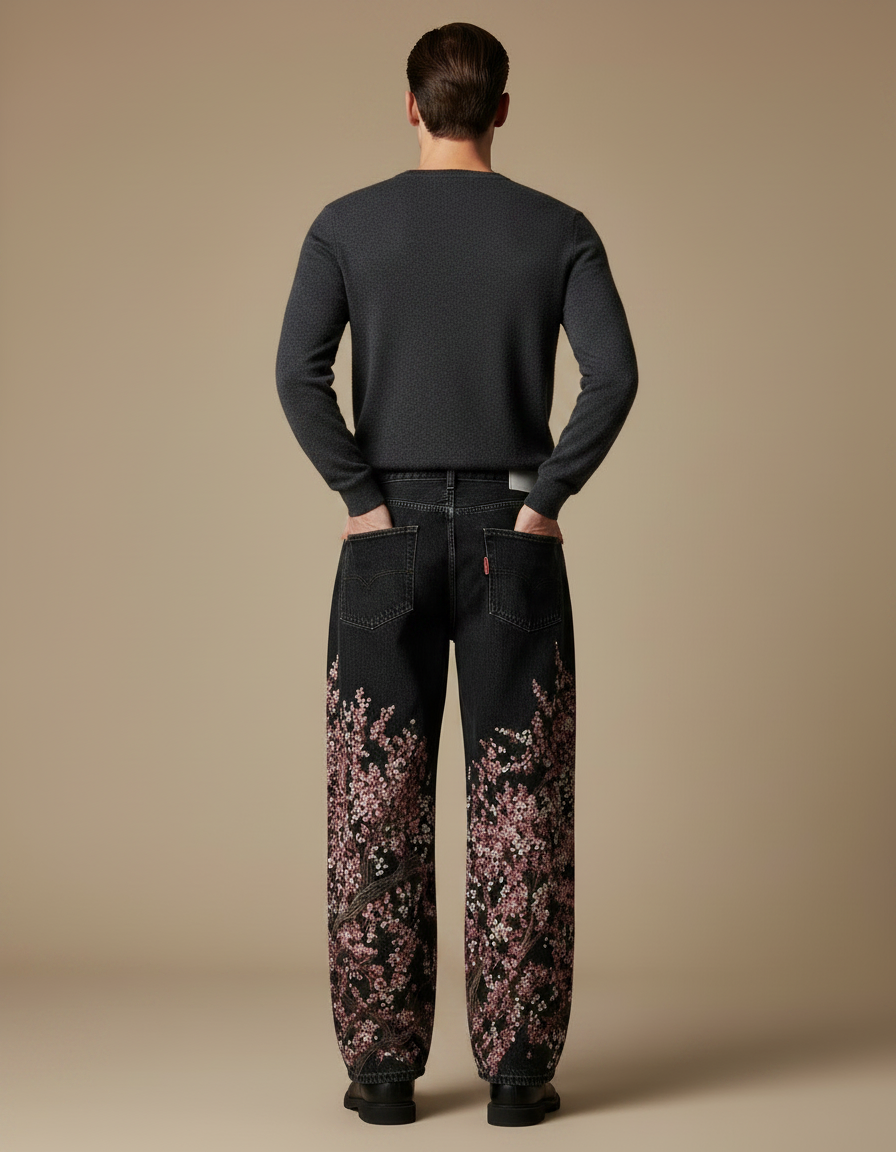 Pantalon Japonais Noir Brodé Ample Décontracté Homme - Jean - vue 2