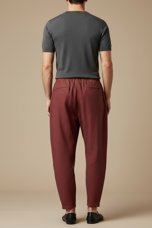 Pantalon Japonais Marron Lin Ample Plissé Homme - Bordeaux - vue 2